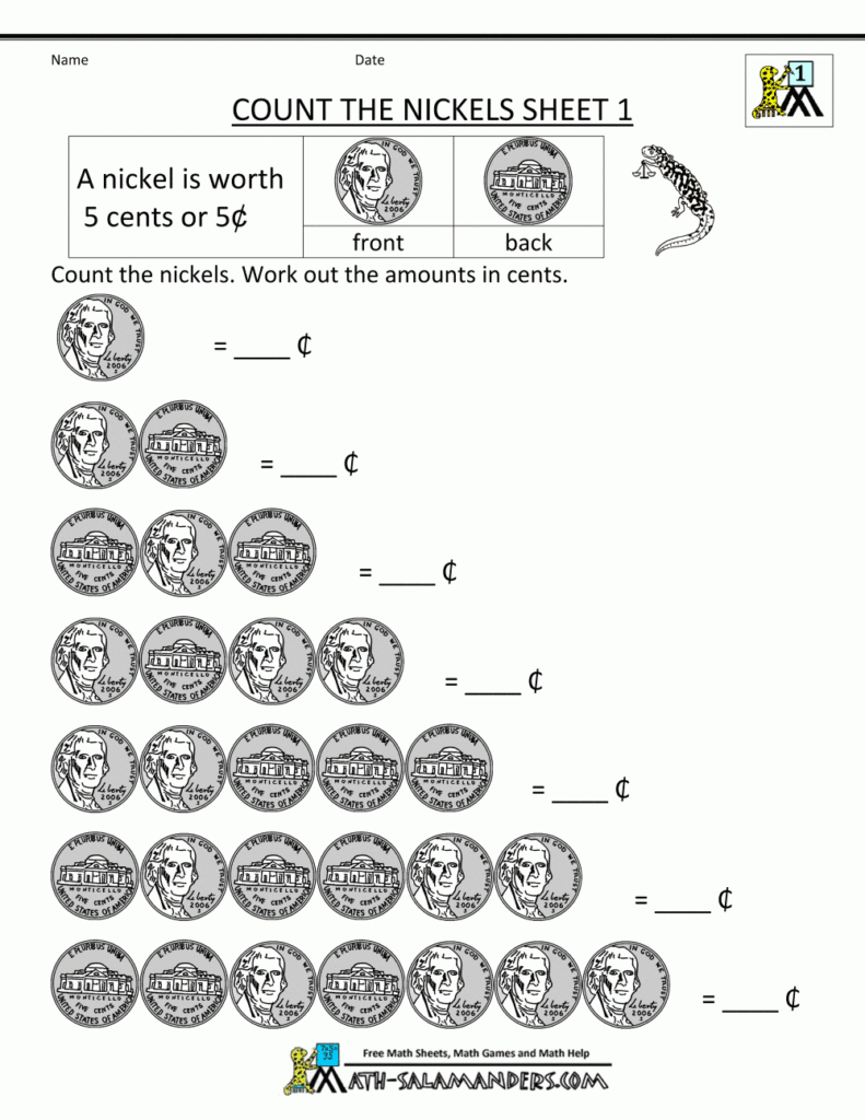 Count The Nickels First Grade Math Worksheets Money Math Worksheets 