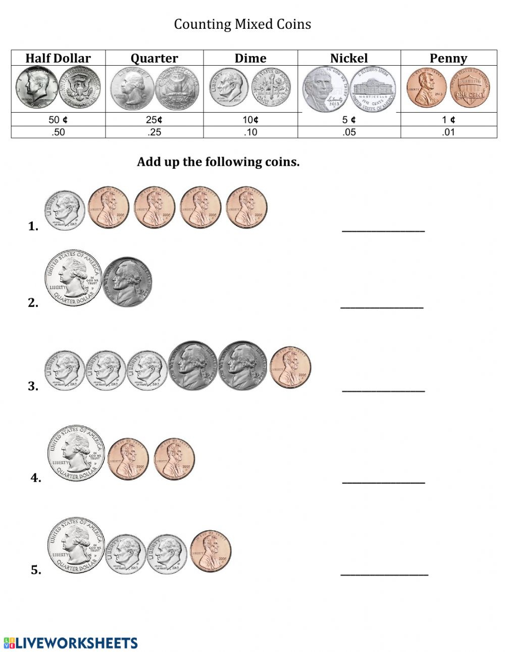 Counting Mixed Coins 1 Worksheet