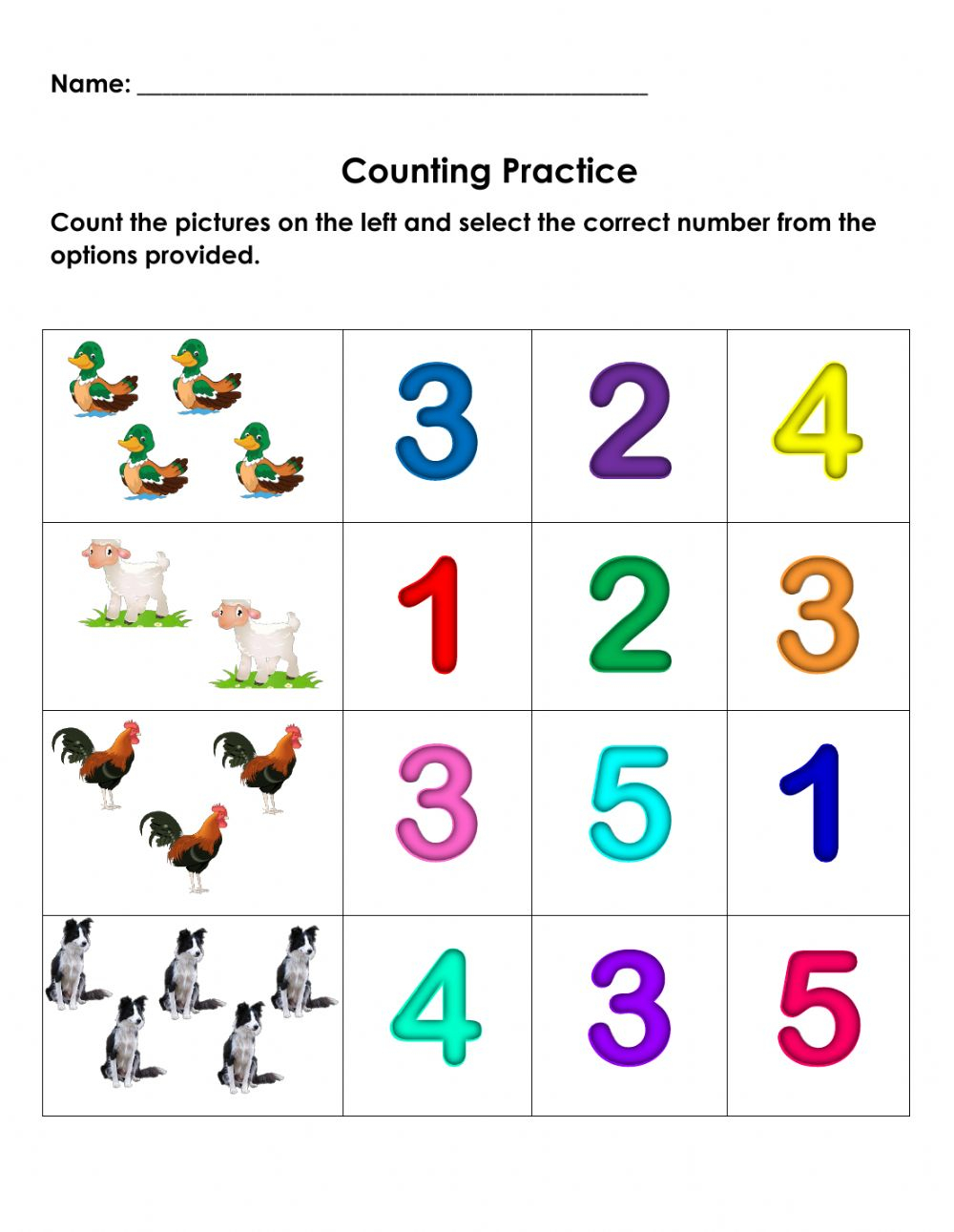 Counting Practice Numbers 1 5 Animals On The Farm Worksheet