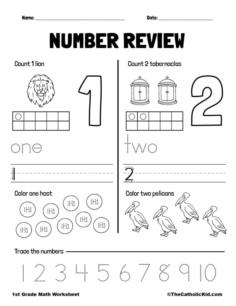 Counting Review Numbers 1 And 2 1st Grade Math Worksheet Catholic 