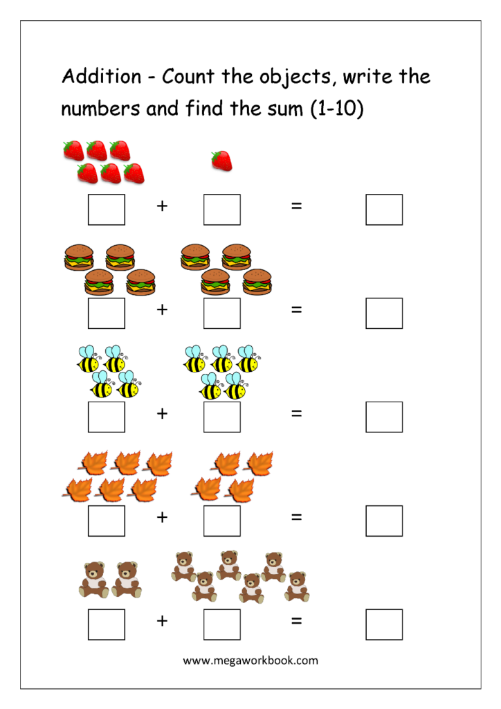 Free Printable Number Addition Worksheets 1 10 For Kindergarten And 