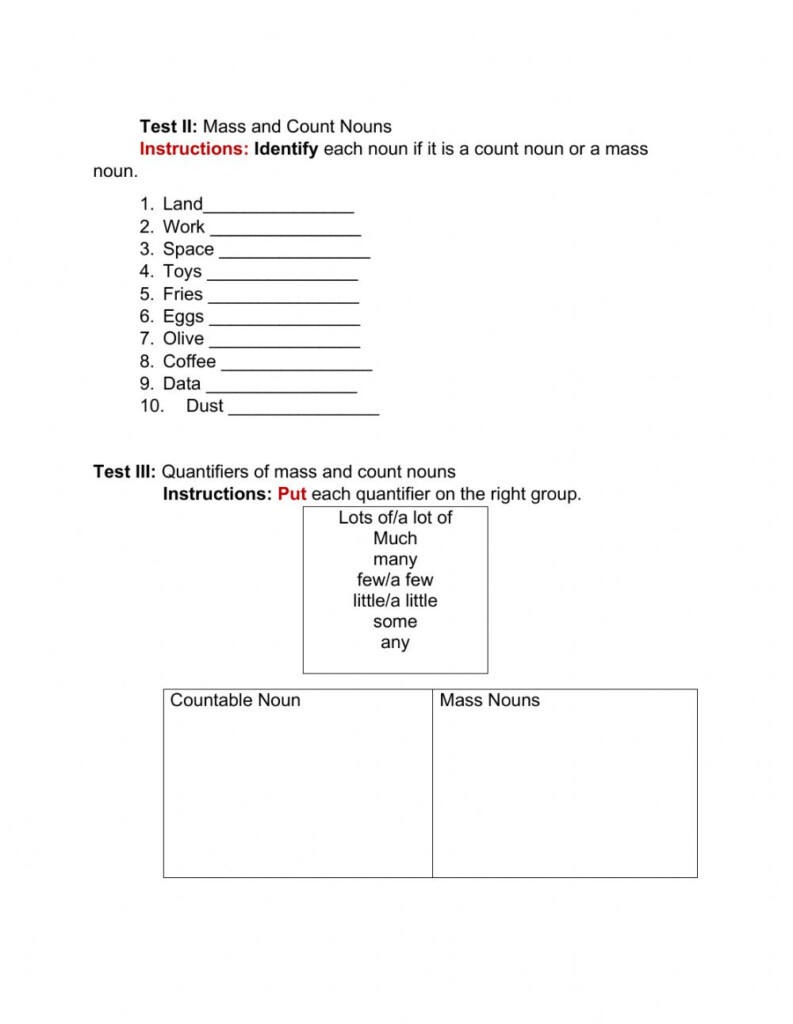 Mass Nouns And Count Nouns Worksheets For Grade 4