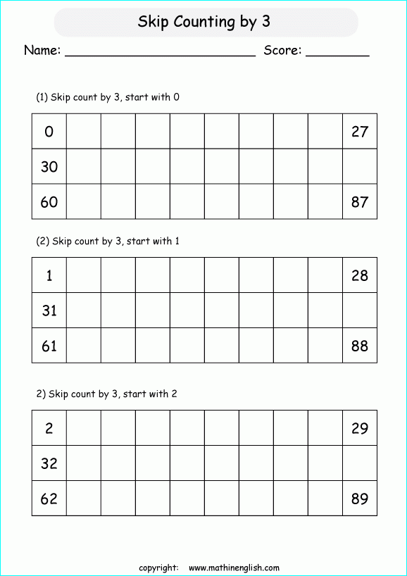Skip Count By 3 Printable Grade 1 Math Worksheet
