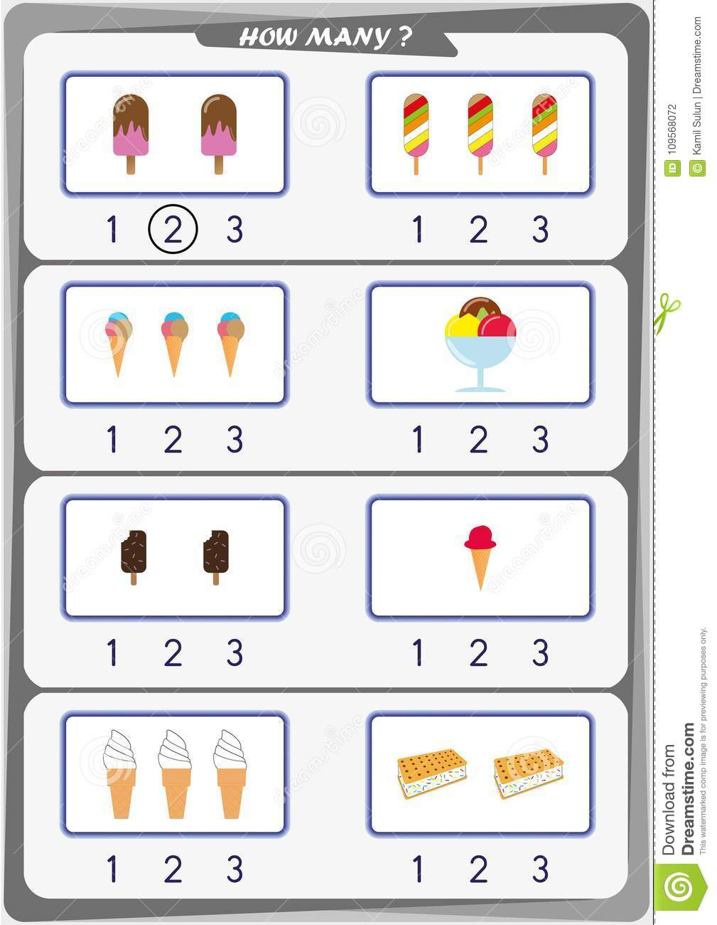 Worksheet For Kids Count The Number Of Objects Learn The Numbers 1 2
