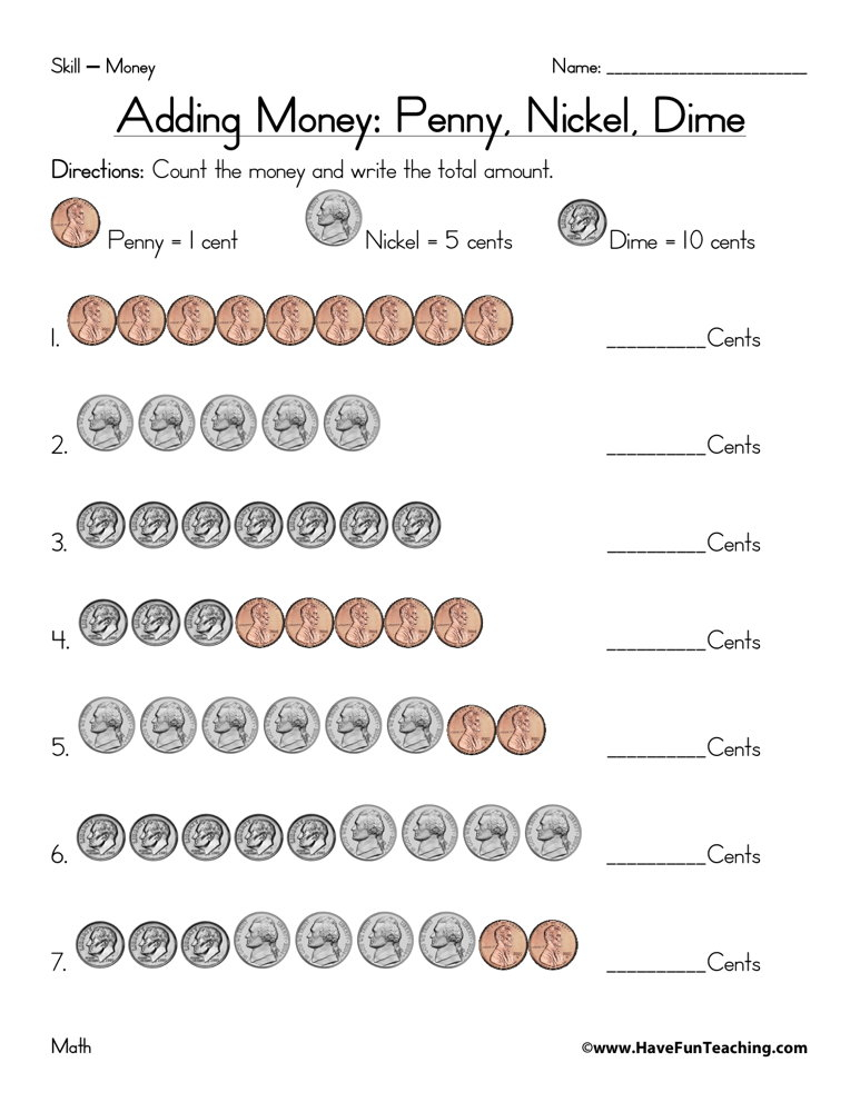 Adding Penny Nickel Dime Coins Worksheet By Teach Simple