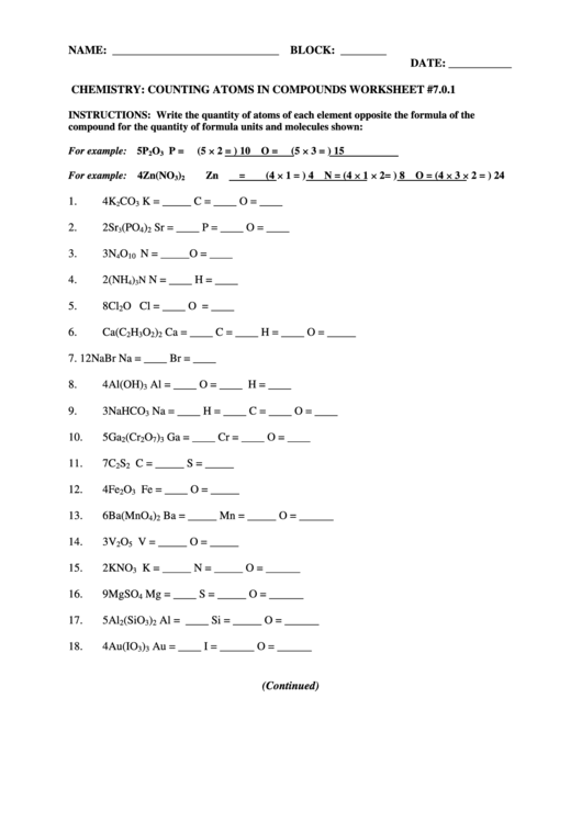 Chemistry Counting Atoms In Compounds Worksheet 7 0 1 Popinspire