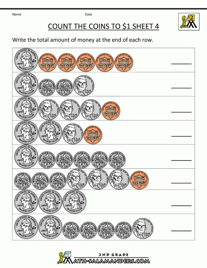 Counting Coins Value Us 1 Dollar Worksheets Printable Learning How To