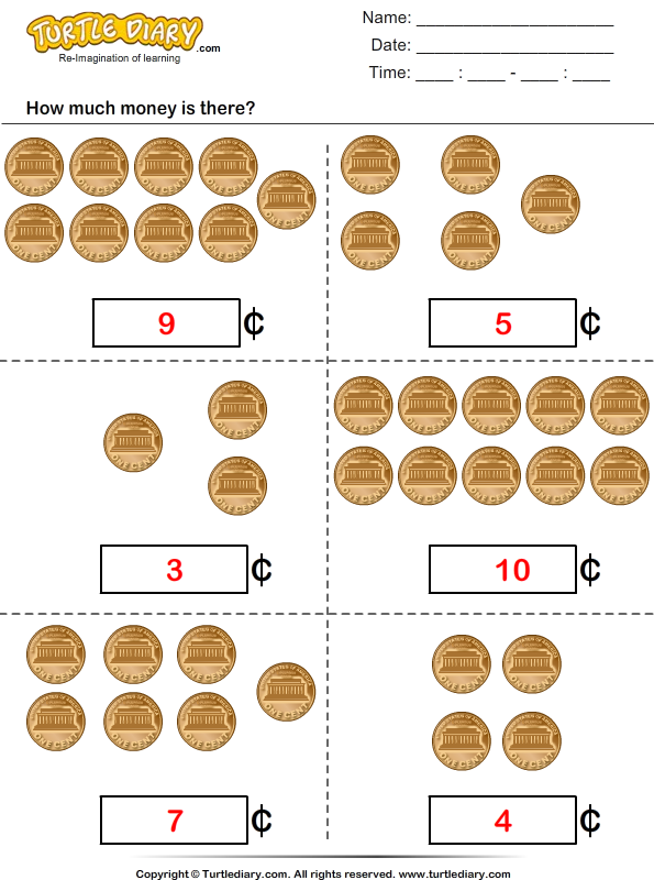 Counting Pennies Up To Ten Cents Worksheet Turtle Diary