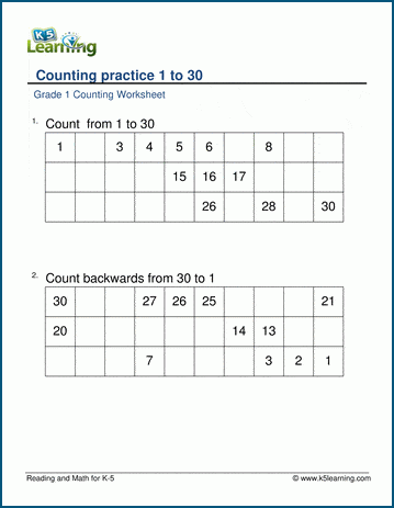 Counting Practice 1 30 Worksheets K5 Learning