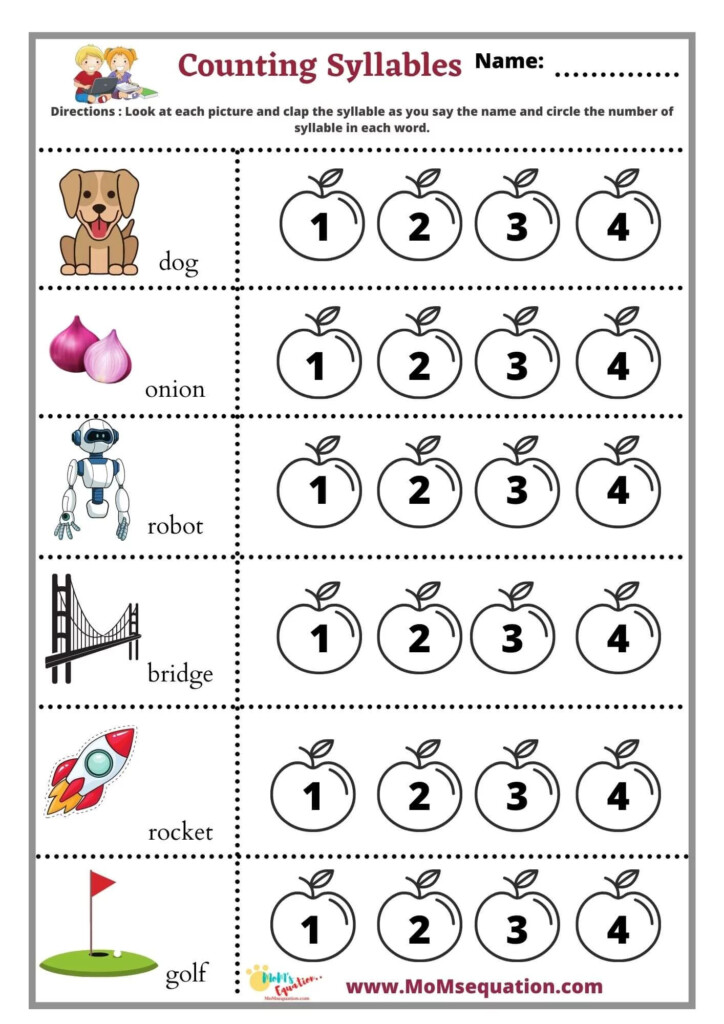 Counting Syllables Worksheets phonics Activity Free Pdf Mom 39 sEquation