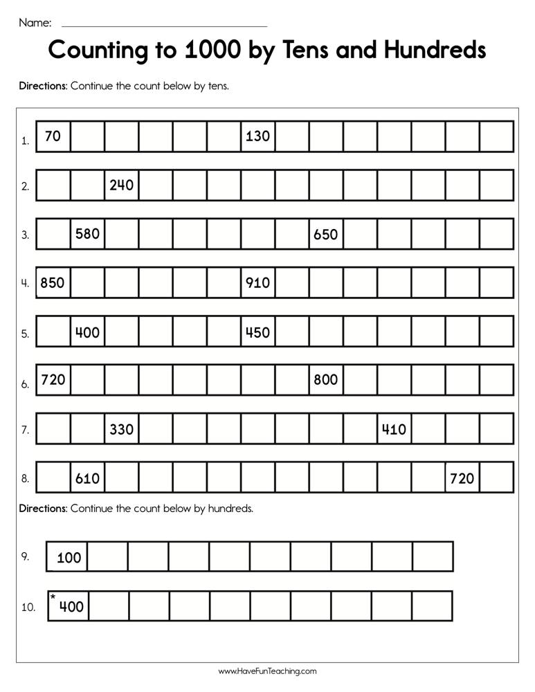 Counting To 1000 By Tens And Hundreds Worksheet Have Fun Teaching