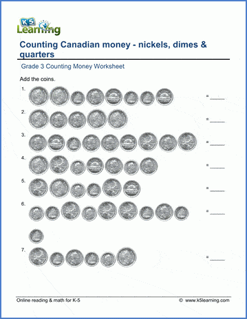 Grade 3 Math Worksheet Canadian Money Nickels Dimes And Quarters